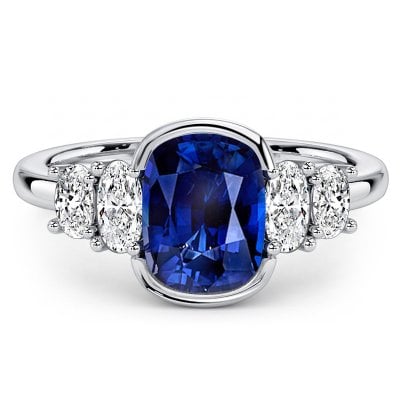 Italo Half Bezel Five Stone Blue Sapphire Cushion Cut Engagement Ring