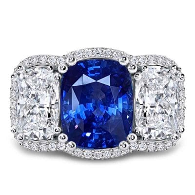 Italo Halo Blue Sapphire Cushion Cut Three Stone Engagement Ring For Women