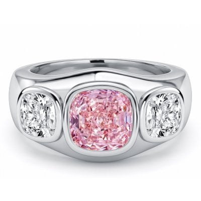 Italo Bezel Setting Pink Sapphire 2 Catat Cushion Cut Three Stone Rings