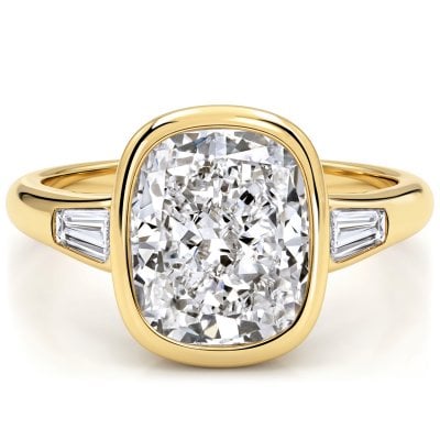 Italo Golden Bezel Setting 5 Carat Elongated Cushion Three Stone Rings
