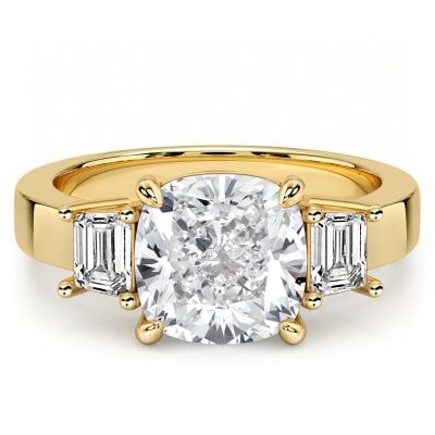 Italo Golden 3 Carat Cushion Cut Three Stone Ring with Emerald Cut Accents