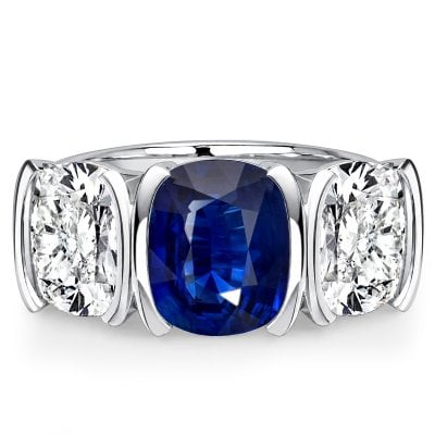 Italo Half Bezel 3 Carat Blue Sapphire Cushion Cut Three Stone Rings For Women