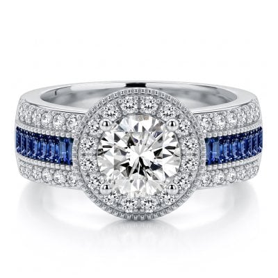 Italo Art Deco Round Cut Blue Sapphire Halo Engagement Ring For Women