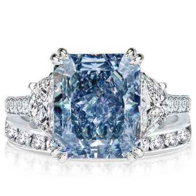 Italo Radiant Cut Blue Topaz Three Stone Engagement Ring Sets For Women