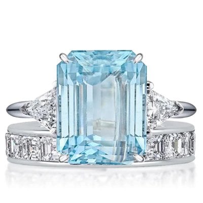 Italo Emerald Cut Aquamarine Three Stone Engagement Ring Sets For Women