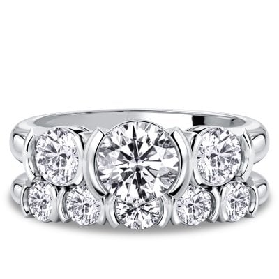 Italo Half Bezel Round Cut Three Stone Engagement Ring Set Bridal Set