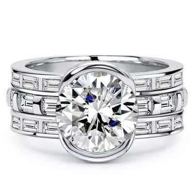 Italo Half Bezel Round Cut 3PC Wedding Set For Women