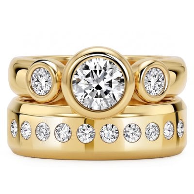 Italo Golden Bezel Setting Three Stone Engagement Ring Sets For Women