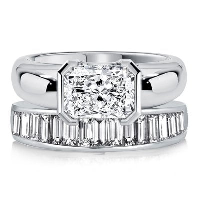 Italo Half Bezel Radiant Cut Solitaire Engagement Ring Set Bridal Set