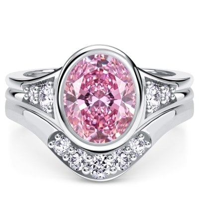 Italo Bezel Setting Oval Cut Pink Sapphire Engagement Ring Sets For Women