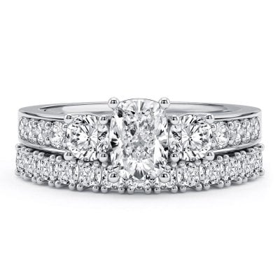 Italo Three Stone White Sapphire Cushion Cut Engagement Ring Sets For Women