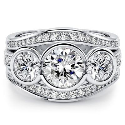 Italo Three Stone Bezel Setting Round Cut 3PC Wedding Set