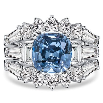 Italo 3 Carat Cushion Cut Blue Topaz Three Stone 3PC Wedding Set