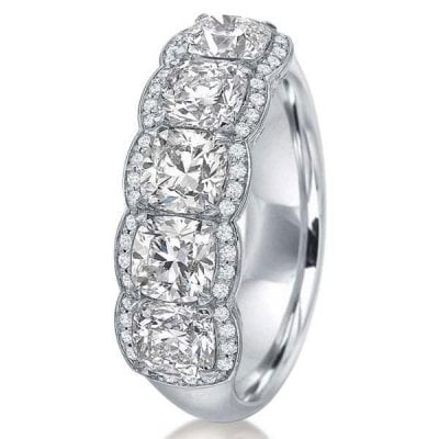 Halo Cushion Created White Sapphire Wedding Band Five Stone Ring