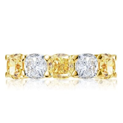 Five Stone Golden Yellow Cushion Cut Half Eternity Wedding Band For Women