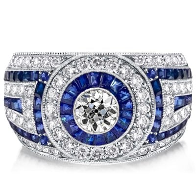 Antique Blue Sapphire Milgrain Vintage Engagement Ring Halo Engagement Ring