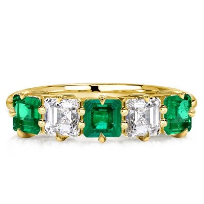Five Stone Asscher Cut Green Emerald Half Eternity Wedding Band For Women