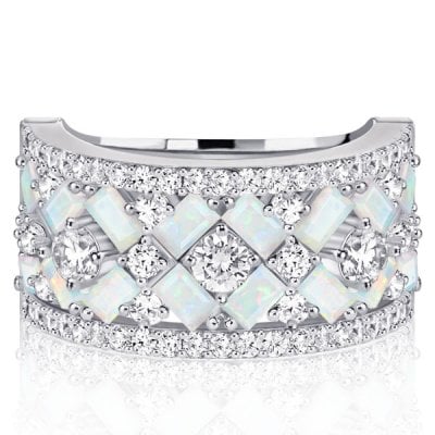 Multi Row Baguette Opal Half Eternity Wedding Band For Women