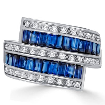 Italo Baguette Blue Sapphire Bypass Ring Vintage Wedding Band