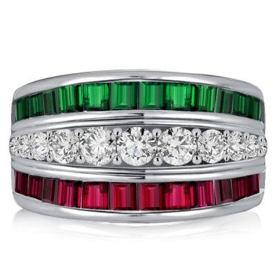 Italo Triple Row Emerald Green Wedding Band Ruby Ring