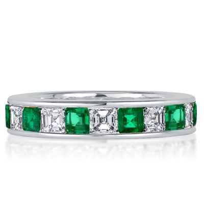 Italo Asscher Cut Emerald Green Ring Eternity Band For Women