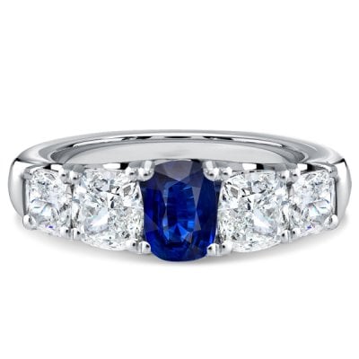 Italo Five Stone Cushion Cut Blue Sapphire Engagement Ring