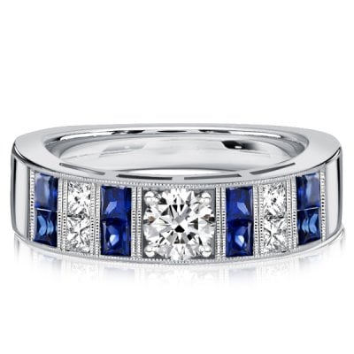 Italo Princess Cut White & Blue Sapphire Wedding Bands For Women