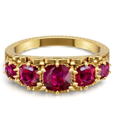 Italo Golden Filigree Antique Cushion Cut Ruby Ring Five Stone Wedding Band Ring