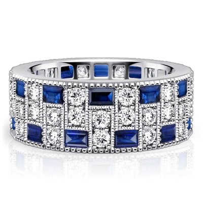 Italo Milgrain Bezel Blue & White Sapphire Round Cut Eternity Band