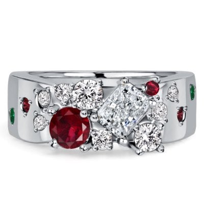 Italo Cluster Ruby Radiant & Round Cut Half Eternity Band Waterfall Ring