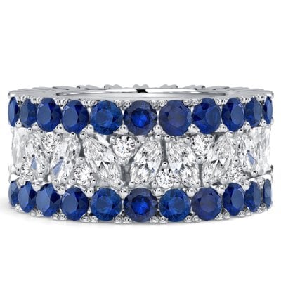 Italo Multi Row Marquise & Round Cut White & Blue Sapphire Wedding Band For Women