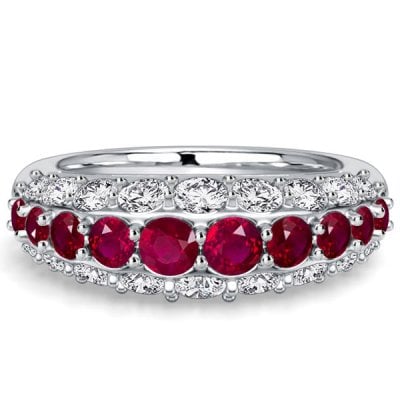 Italo Triple Row Micro Pave White & Ruby Wedding Band For Women Bombé Ring