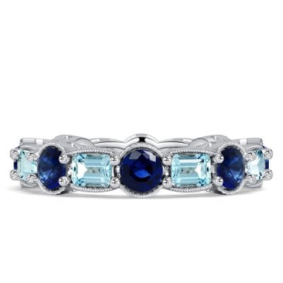 Italo Bezel Emerald Cut Blue Sapphire Aquamarine Eternity Band For Women