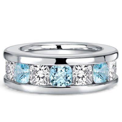 Italo Channel Set 3.5 MM Cushion Cut Aquamarine Wedding Band For Women