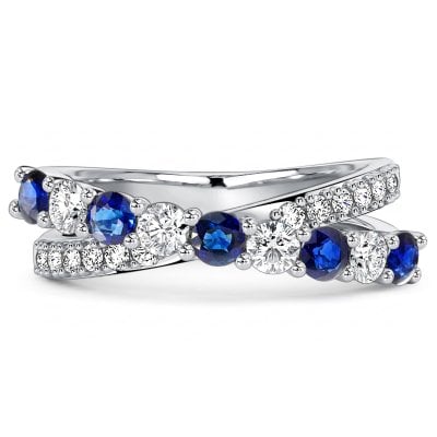 Italo Round Cut Blue & White Sapphire Criss-Cross Wedding Band Ring