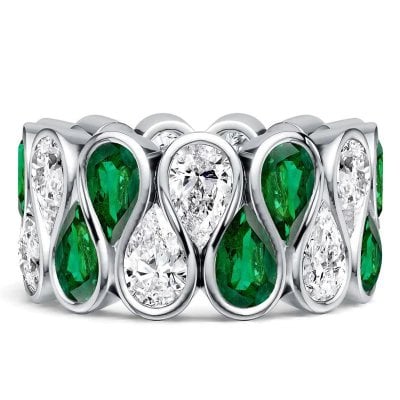 Italo Bezel Set Pear Cut Emerald & White Sapphire Eternity Wedding Band For Women