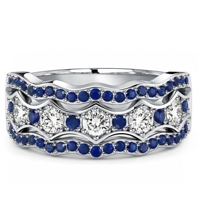 Italo Triple Row Round Cut Blue Sapphire Half Eternity Band Ring For Women