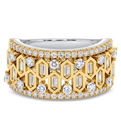 Italo Two-Tone Hexagon Baguette Cut Half Eternity Wedding Band Ring For Women