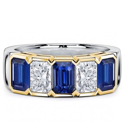 Italo Two-Tone Emerald Cut Blue & White Sapphire Wedding Band Ring