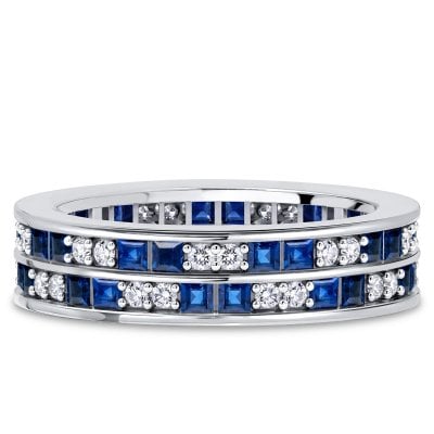 Italo Double Row Blue Sapphire Asscher Cut Eternity Wedding Band Ring