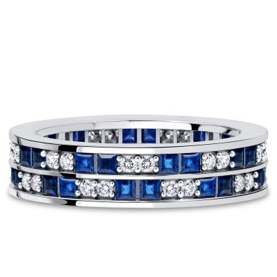 Italo Double Row Blue Sapphire Asscher Cut Eternity Wedding Band Ring