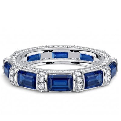 Italo Tension Emerald Cut Blue Sapphire Unique Wedding Band Ring For Women