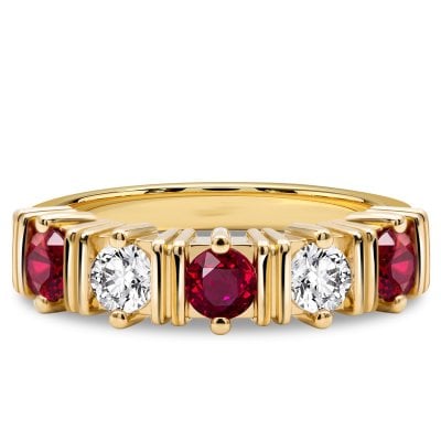 Italo Half Bezel White & Ruby Five Stone Wedding Band Ring For Women