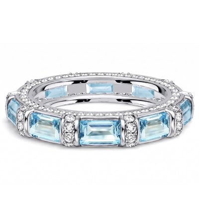 Italo Half Bezel Emerald Cut Aquamarine Wedding Band Ring For Women