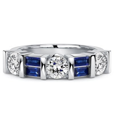 Italo Half Bezel Round Cut Blue & White Sapphire Band Ring For Women