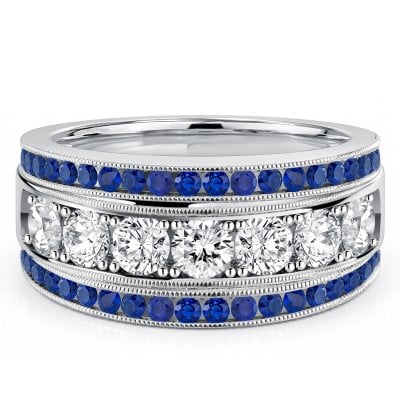 Italo Vintage Round Cut Blue & White Sapphire Wedding Band Ring For Women