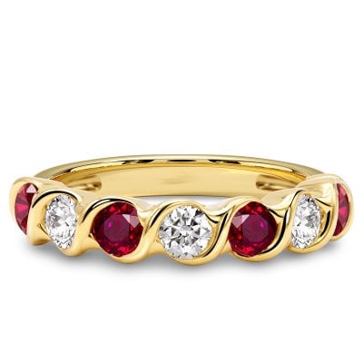 Italo Half Bezel Round Cut White & Ruby Band Ring For Women