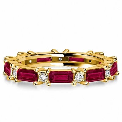 Italo Golden Emerald Cut Ruby Eternity Wedding Band Ring For Women