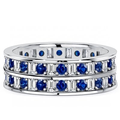 Italo Multi Row Emerald & Round Cut White & Blue Sapphire Eternity Band Ring
