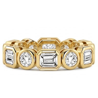Italo Golden Bezel Setting Emerald & Round Cut Eternity Band Ring For Women